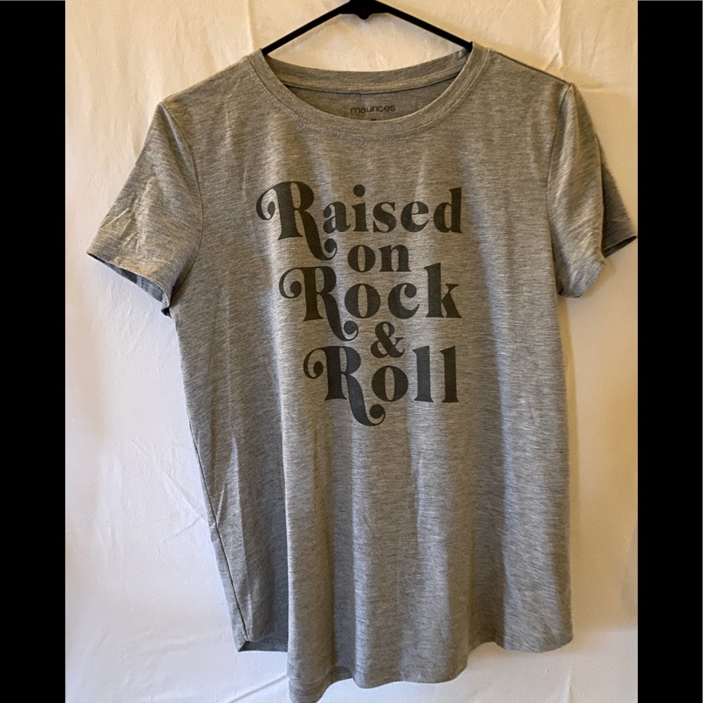 Gray t-shirt with “Raised on Rock & Roll” details.